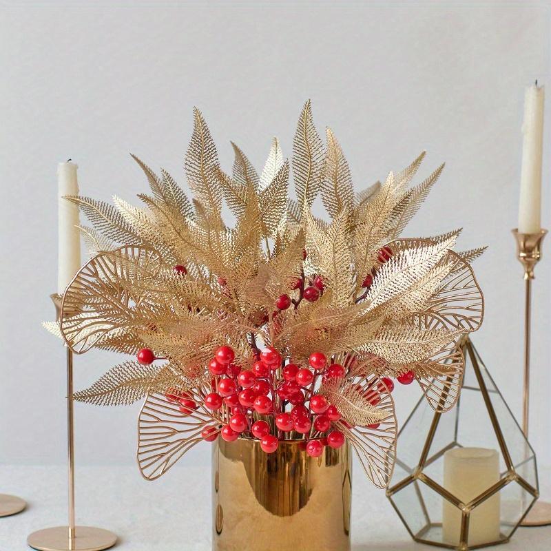 Gold Artificial Leaf Sticks Fake Plants Golden Plastic Leaf Fake Rose Leaves Faux Plant Bushes Artificial Plants for Indoor Outdoor Home