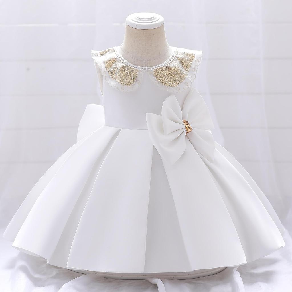 2025 Girls' Princess Formal Dress with Big Bow and Puffy Satin Skirt for Toddlers and Young Kids