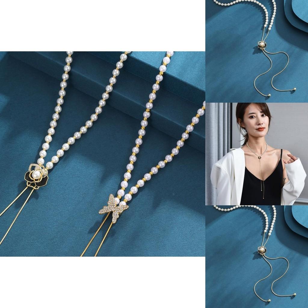 Stylish Long Adjustable Rose Flower Sweater Chain Necklace For Fashionable Outfits