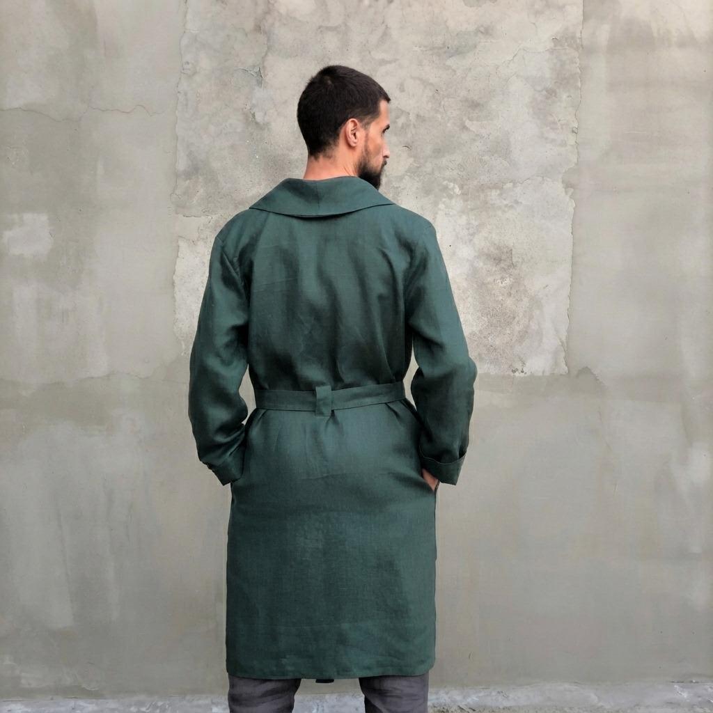 Linen Bath Robe with Belt Long Sleeve Side Pocket