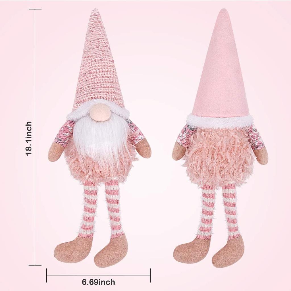 D-FantiX Pink Christmas Valentine Gnomes Decorations, 2Pack Handmade Swedish Tomte Gnome with LED Lighting Nose Scandinavian Figurine Pink Gnomes