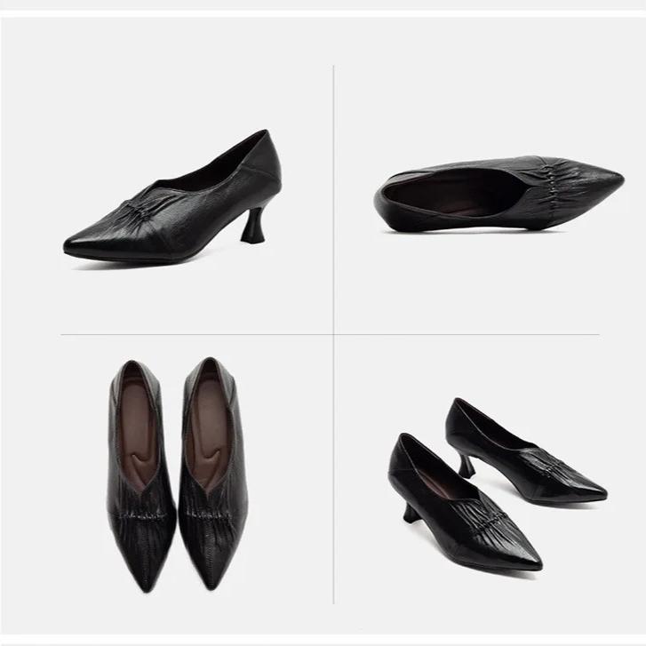 Johnature British Style Genuine Leather Pleated High Heels Elegance Commuting Versatile Women's Shoes