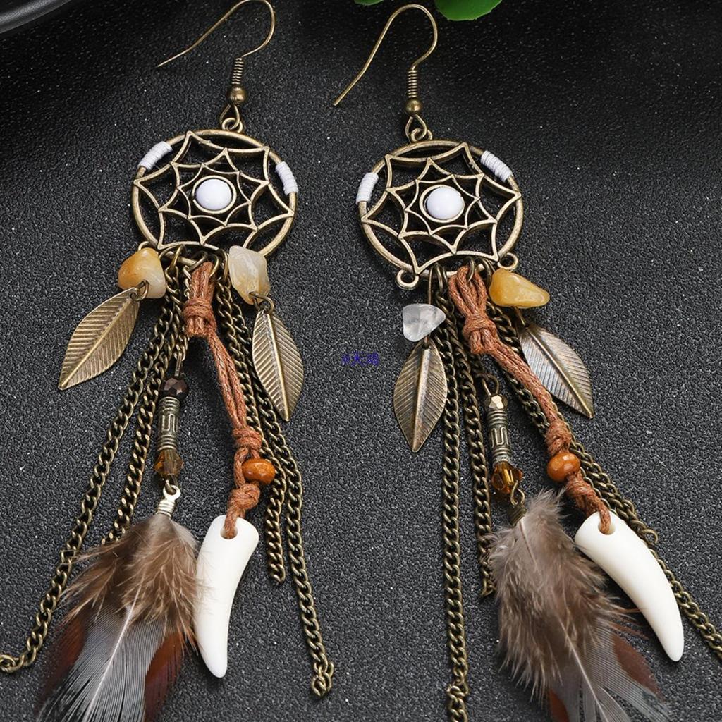 Yunnan Ethnic Bohemian Feather Earrings - Exaggerated No-Pierce Clips for Women