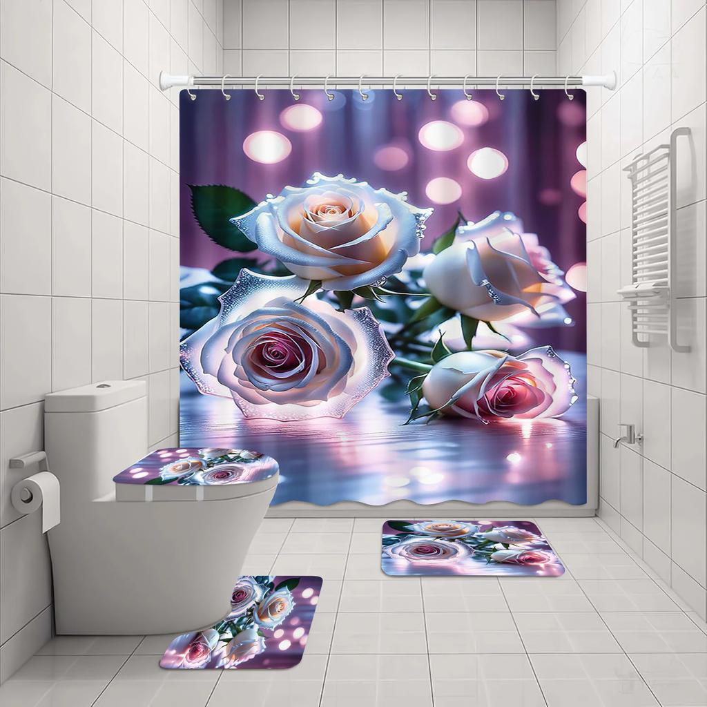 Rose Shower Curtain Love Couple Bath 4 Pcs Set Cute Cartoon Luxury Accessories Sets Full Mats Gifts for Boys Girls