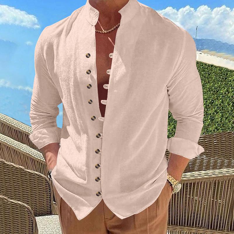 New Buckle-down Men s Retro Linen Casual Loose Long-sleeved Shirt S розовый