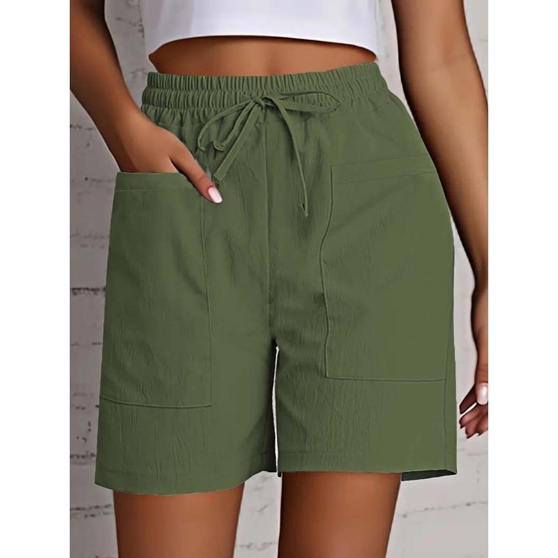 women s Solid Color Drawstring High Waist Casual Shorts Loose Straight Leg Bermuda Shorts S армия зеленый