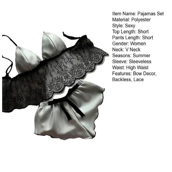 2 stk/sett Dame Pysjamassett Gjennomsiktig blonder hul ut sateng patchwork sløyfe Spaghetti stropp Ermeløs topp elastisk midje shortssett Sommer nattøy
