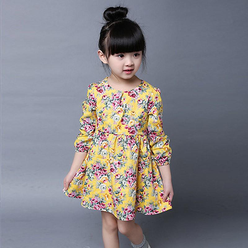 

Платье для маленьких девочек, повседневный сарафан принцессы с длинными рукавами, детское хлопковое платье с цветочным принтом 100 жёлтый