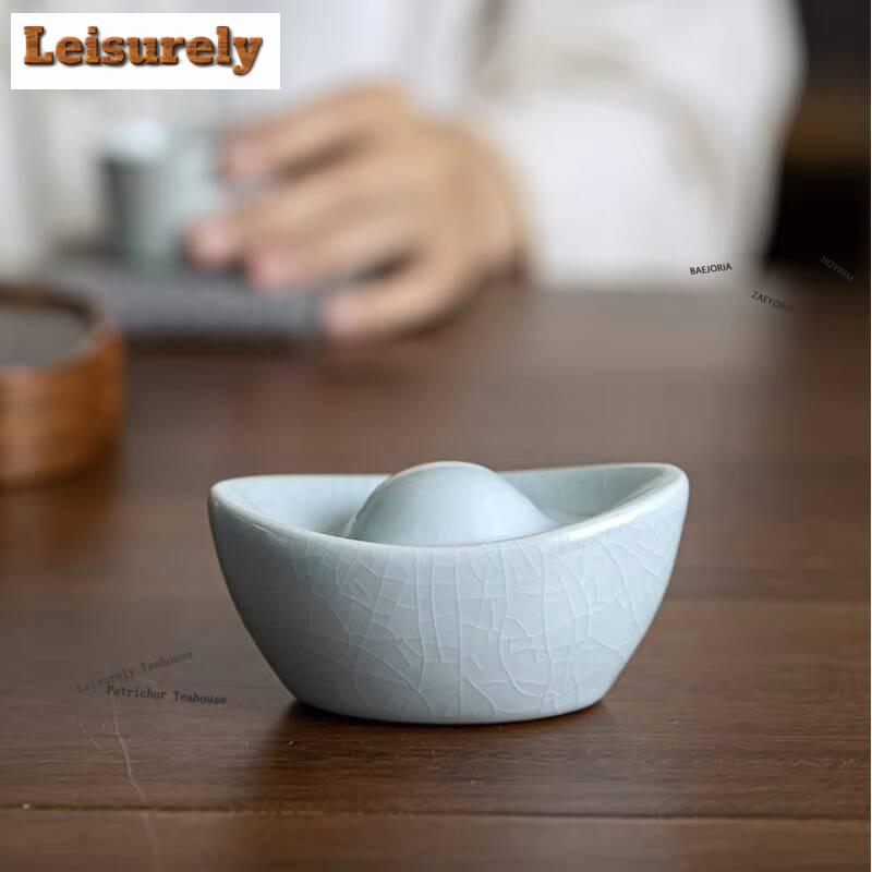 Ru Kiln Gold Ingot Tea Pet Boutique Ice Gracked Glaze Tea Pet Creative Tea Figurine Toys Tea Ceremony Lid Holder Chinese Teaware