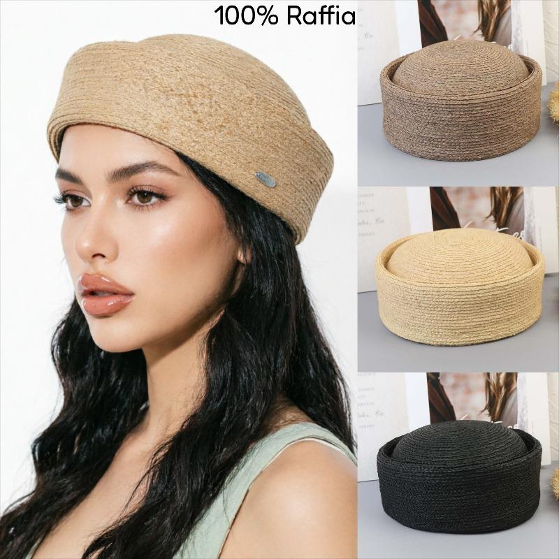 Garden Supplies My Women's French Classic 100% Natural Raffia Fedoras Hat Circle Concave Top Berets Summer Sun Hats Beach Wedding Party Pillbox Hat 56-58Cm