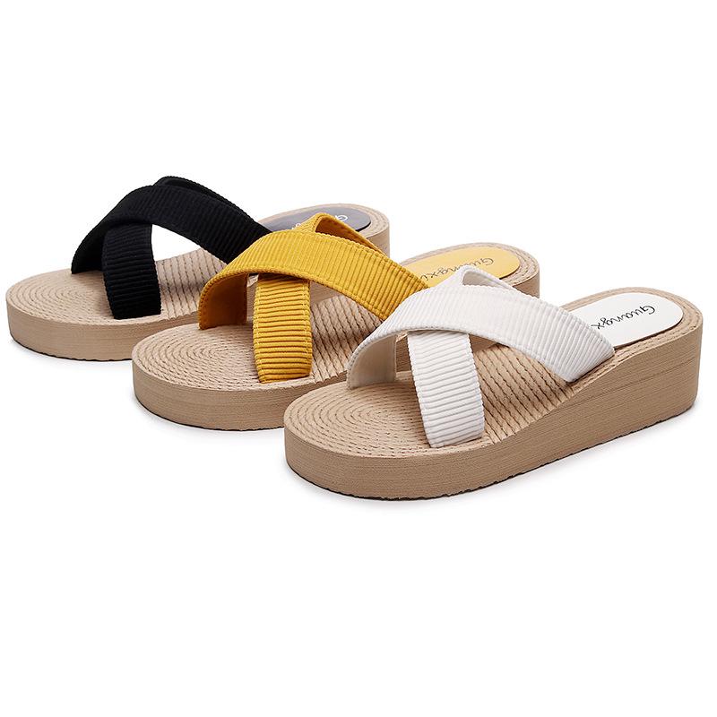 Women's Summer Wedge Sandals with Woven Hemp-Style Cross Straps and Thick Sole