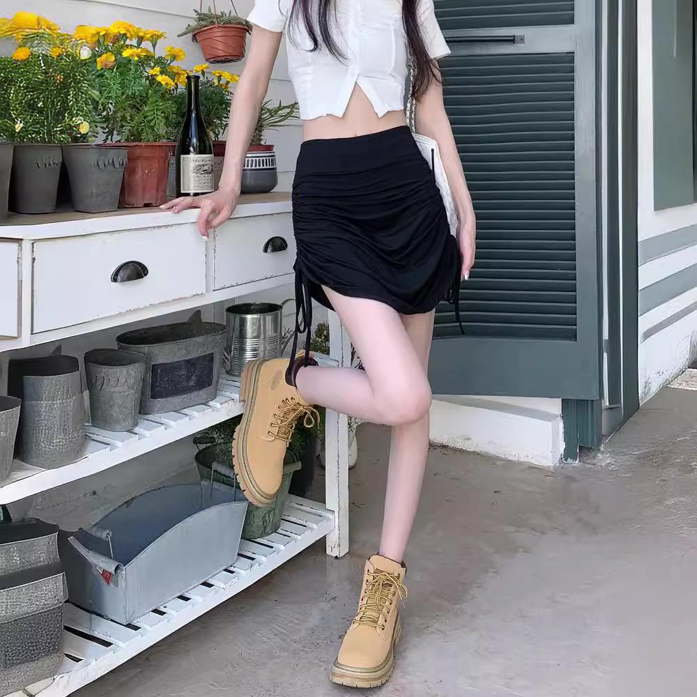 Adjustable Drawstring Black Pleated Bodycon Skirt for Women - Slimming High Waist Summer Midi Skirt 2025