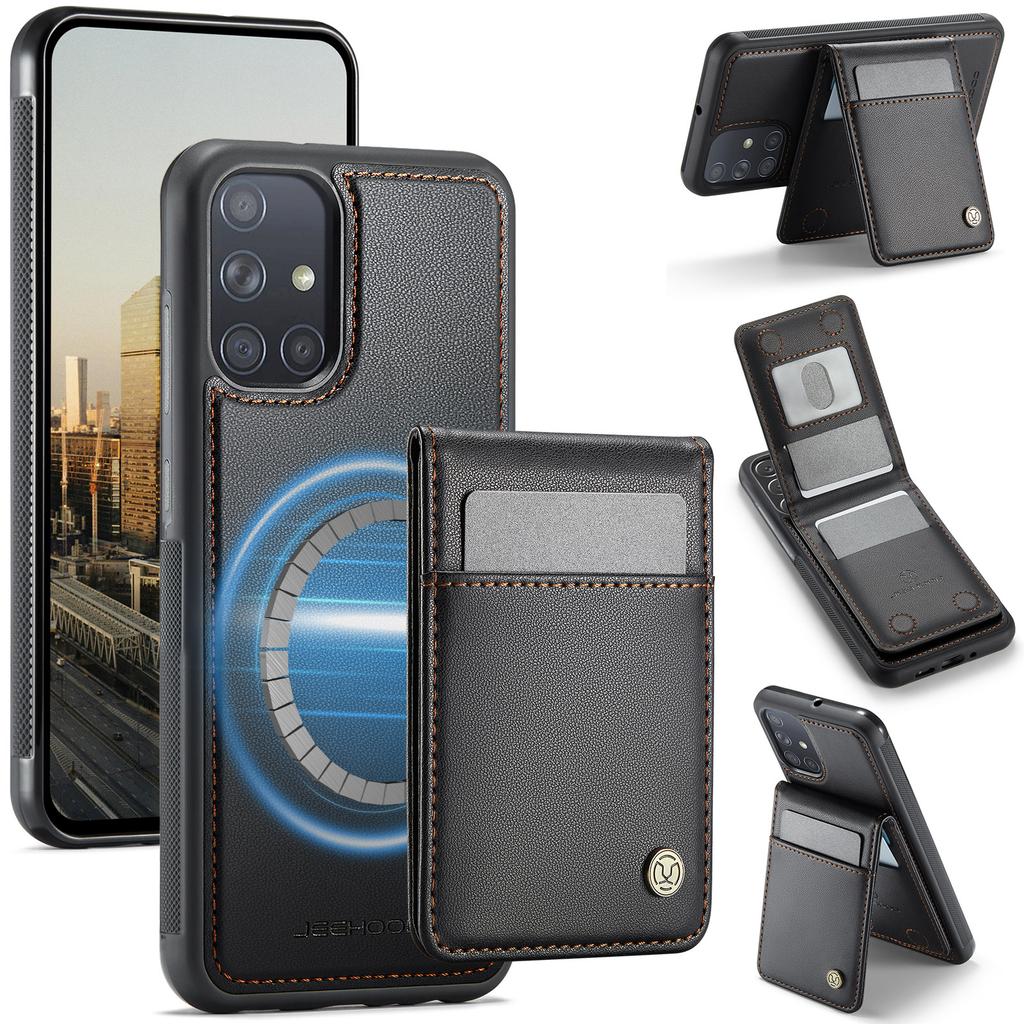 For Samsung Galaxy A51 4G SM-A515 Leather Back Cover Compatible with MagSafe JEEHOOD J06 Phone Case with Card Bag RFID Blocking