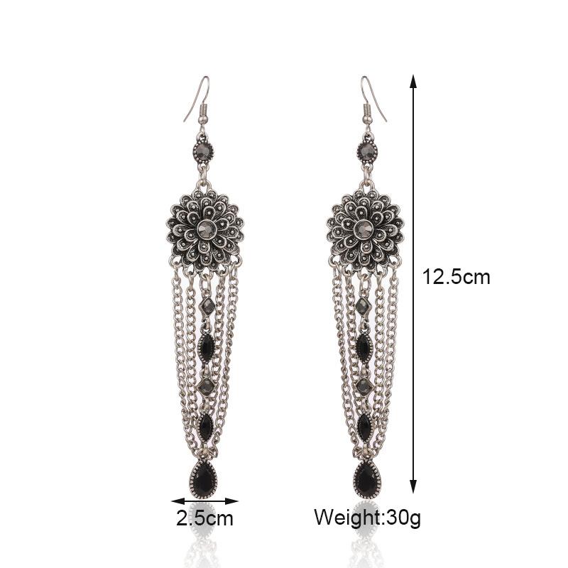 Vintage Exaggerated Long Crystal Tassel Earrings for Women Ethnic Multilayer Rhinestone Silver Color Geometric Earrings Jewelry