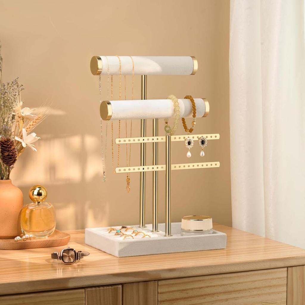 Space Saving T Shaped Jewelry Display Stand with Detachable Layers Metal and Wood Construction for Earrings Rings