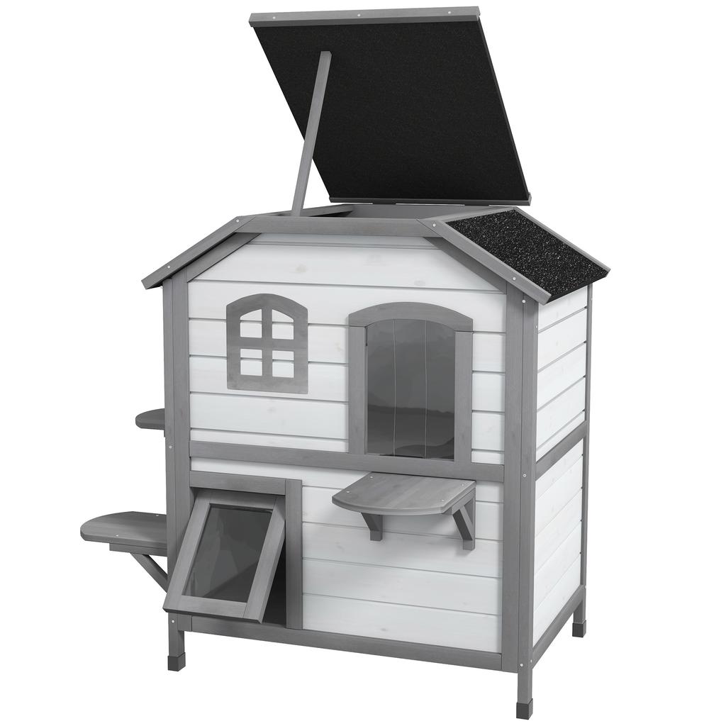 2-Story Indoor or Outdoor Cat House W/ Escape Door, Cat Shelter, White