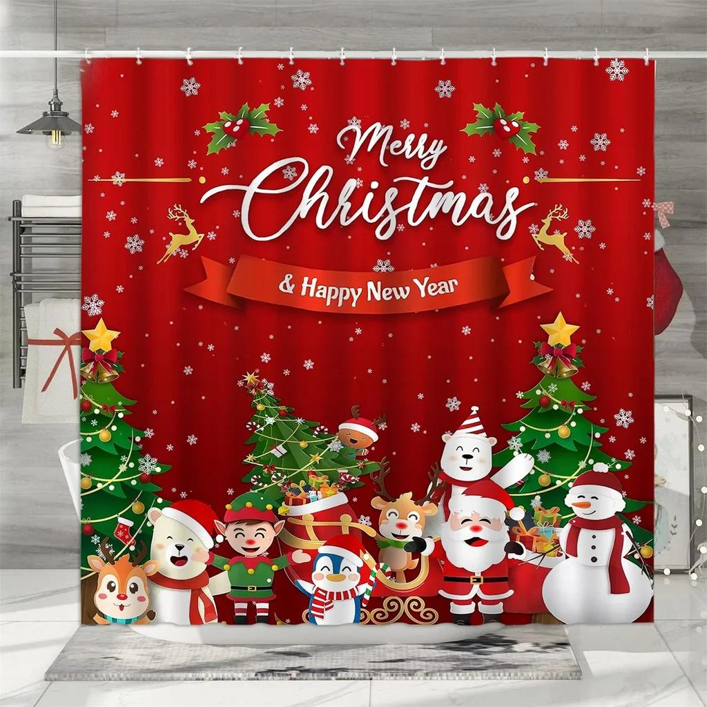 Christmas Shower Curtain, Winter Holiday Farm Snowman Santa Claus Christmas Tree Farmhouse Christmas Balls Bathroom Decorations
