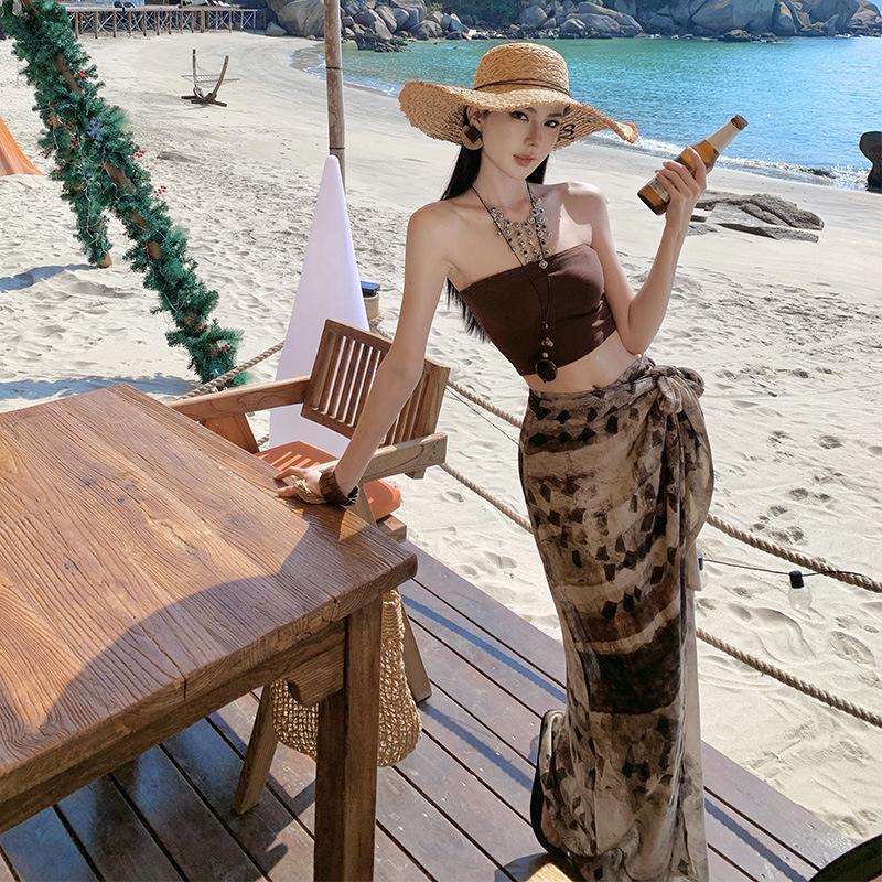 Lazy Vacation Style Hottie Tube Top Suspender Vest Summer Sexy Irregular Half Skirt Two-piece Travel Wear