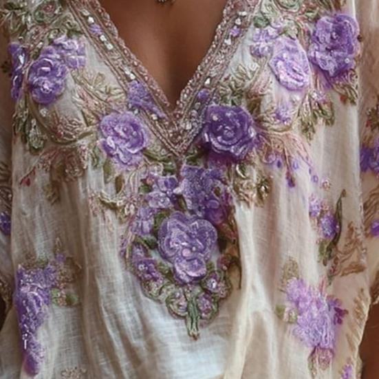 V-Neck Short Sleeve T-Shirt Imitation Flower Decor Pearl 3D Tee Tops Casual Date Vacation Beachwear