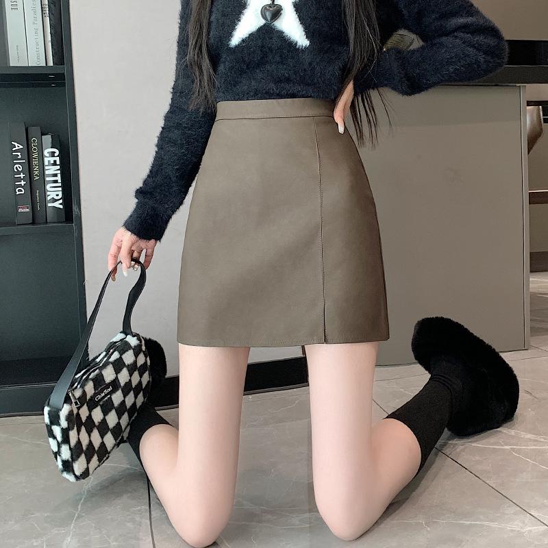 2024 Autumn/Winter Korean Style PU Leather High Waist Midi Skirt for Women