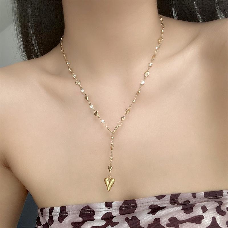 Trendy Gold Silver Color Glass Long Y-Shaped Heart Pendant Necklace Metal Clavicle Chain Bohemian Body Jewelry Party Gifts