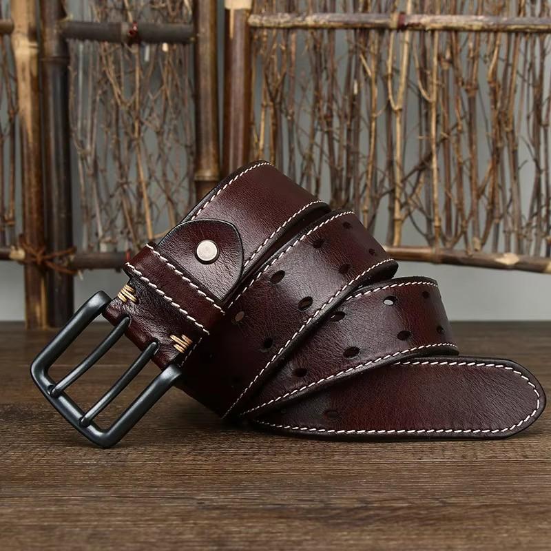 

3.8cm Wide Vintage Men s Belt Cowhide Genuine Leather Belt Black Double Needle Buckle Thread Jeans Belt Fashion Male Strap 125cm кавовий