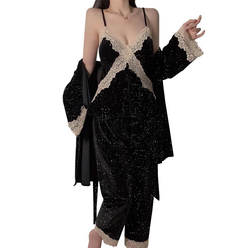 Women's Velvet Silver Foil Push Up Padded Cami Sleep Dress with Robe Lounge Set