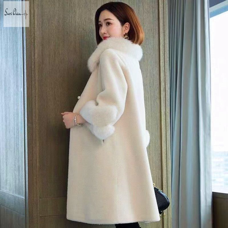 Faux Mink Fur Long Coat Women Warm Elegant Artificial Fox Fur Collar Sheep Fleece Autumn Winter Fur Jacket Ladies Overcoat