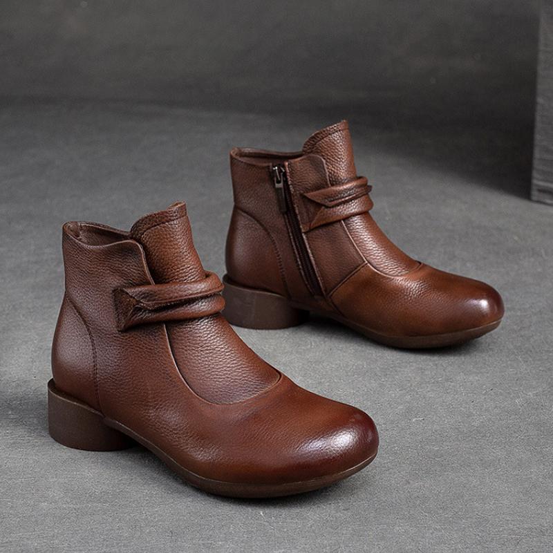 Johnature Retro Solid Color Short Boots Genuine Leather Round Toe Side Zipper Low Heel Casual Women's Shoes