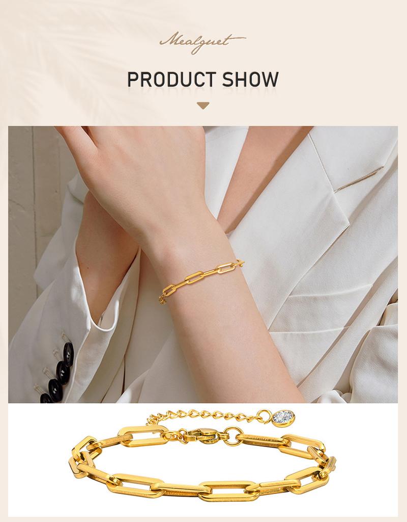 Paperclip Chain Bracelet for Women , Rectangle Link Stainless Steel, Adjustable Fashion Jewelry