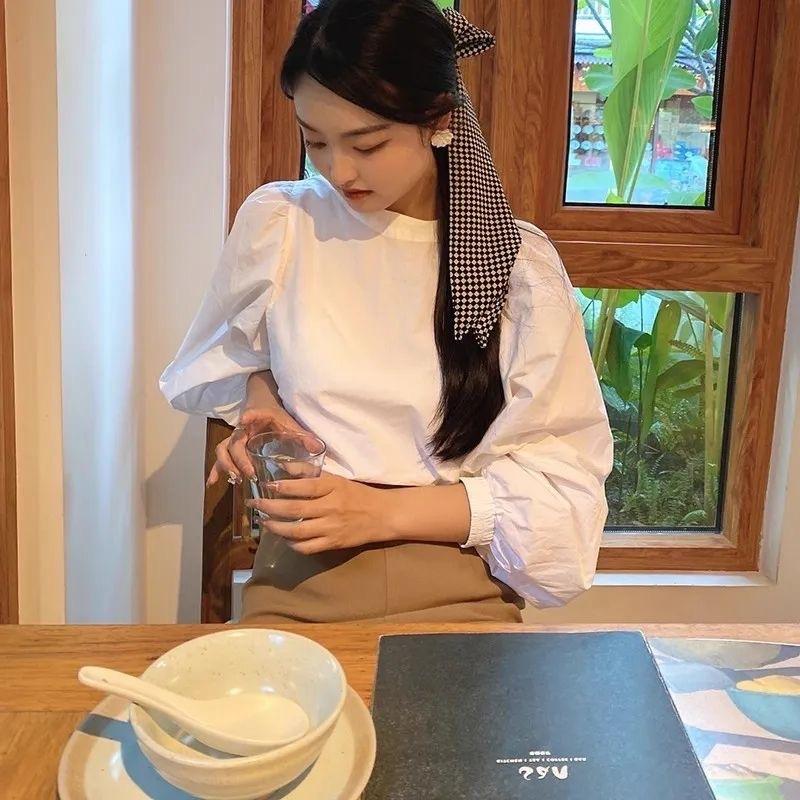 French loose white puff sleeve round-neck shirt, women's early autumn new design shirt, unique niche top