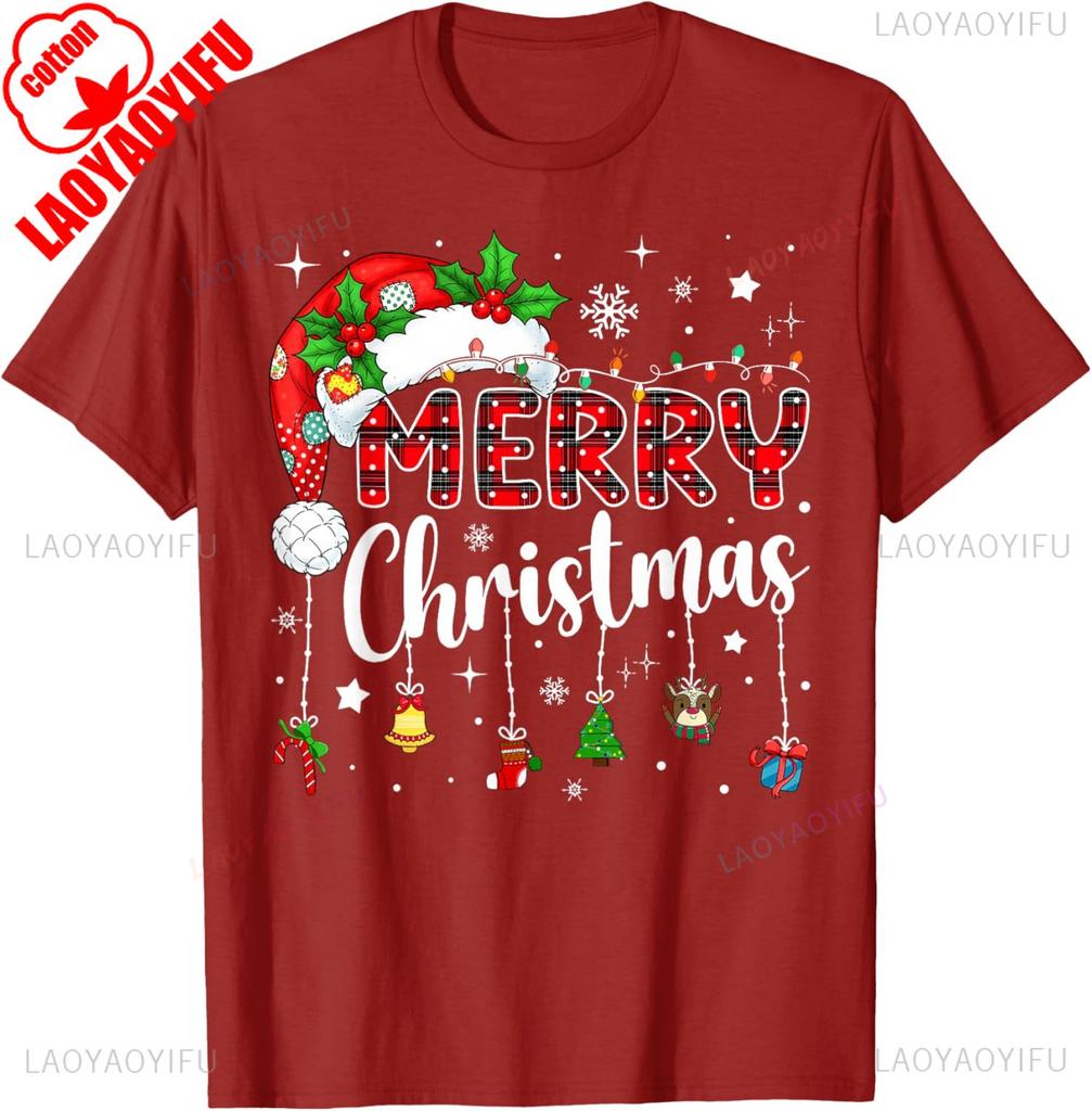 Merry Christmas Red Santa Hat Reindeer Xmas Matching Family Tshirt Crewneck For Unisex High Quality Cotton Tops Tee Shirt Shor