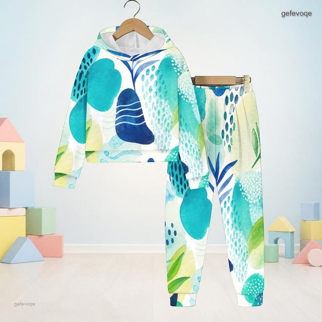 Kids Boys Girls Hooded Long Sleeve Printed Sweatshirt Cuffed Pants Two Piece Outfit