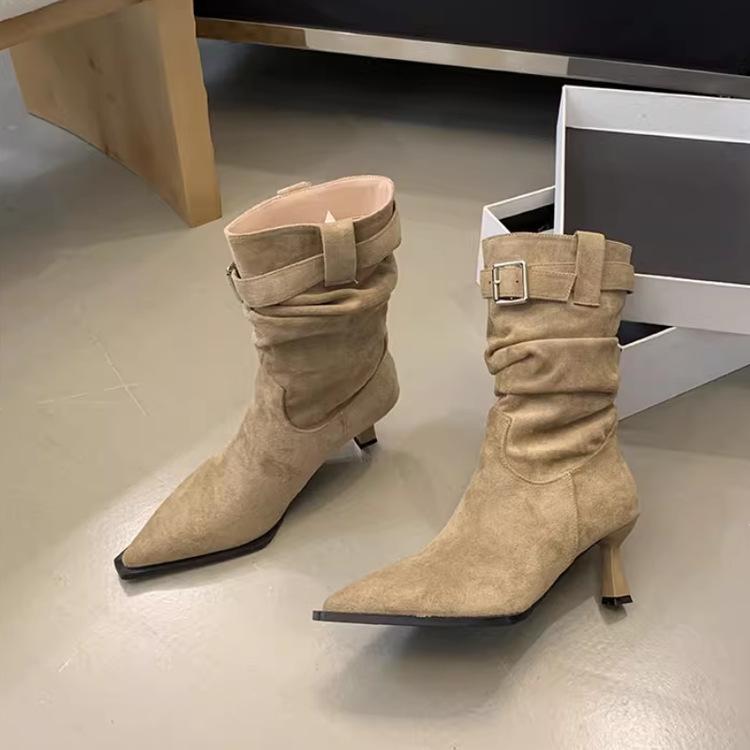 Retro Suede Pleated Pile Up Boots for Women, New Belt Buckle Short Boots, Slim Heel Pointed High Heels Ankle Boots