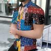 Women Short Sleeve Shirt Purple Blue Paisley Floral Ethnic Print Lapel Button Up Top