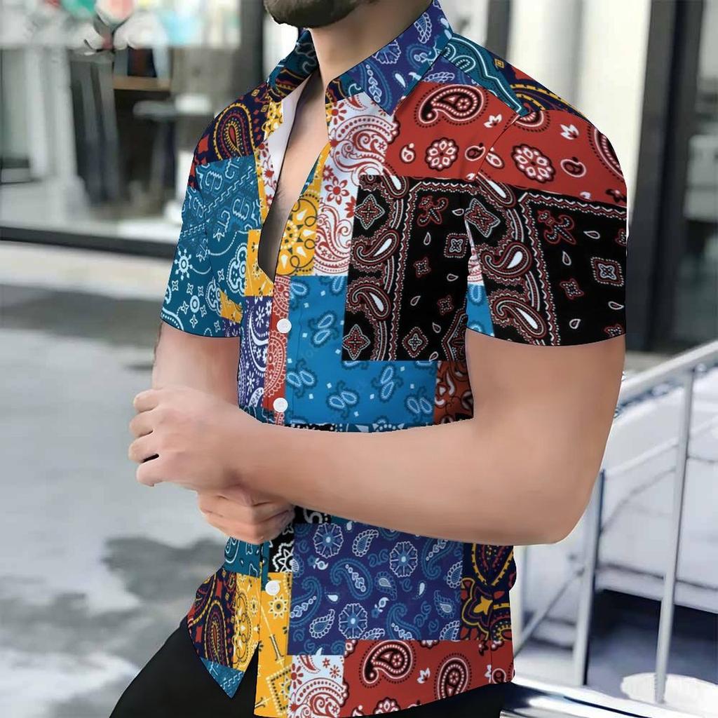 Women Short Sleeve Shirt Purple Blue Paisley Floral Ethnic Print Lapel Button Up Top