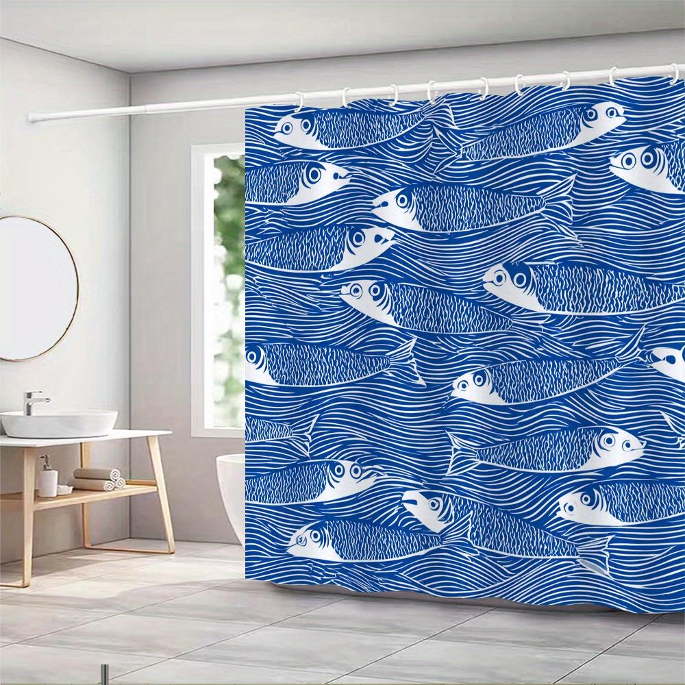 Sprchový závěs s rybím vzorem – Bílé stylizované ryby s vlnovkami na tmavě modrém pozadí, 12 háčků, 70,87×70,87 palce