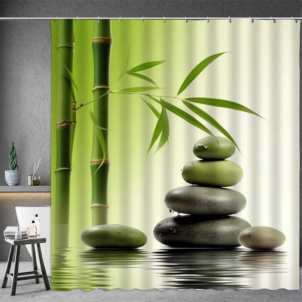 Black Stone Tower Zen Shower Curtain, Spa Decor Lotus Purple Orchid Flower and Bamboo, Cloth Fabric Bathroom Decor Accessory Set