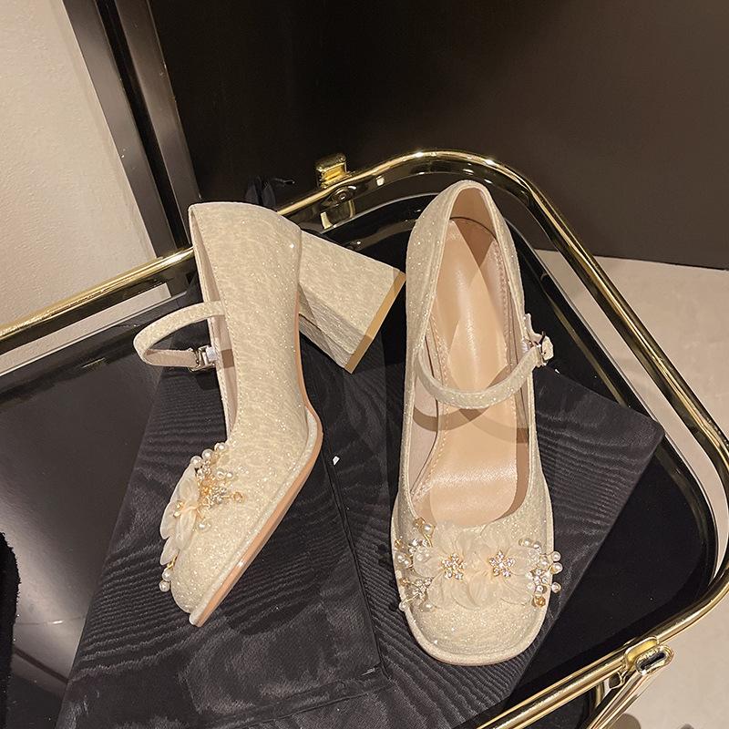 

Fairy wind Mary Jane women s shoes with skirt 2025 summer bridesmaid shoes waterproof table small thick heel high heel single shoes 35 абрикосовый