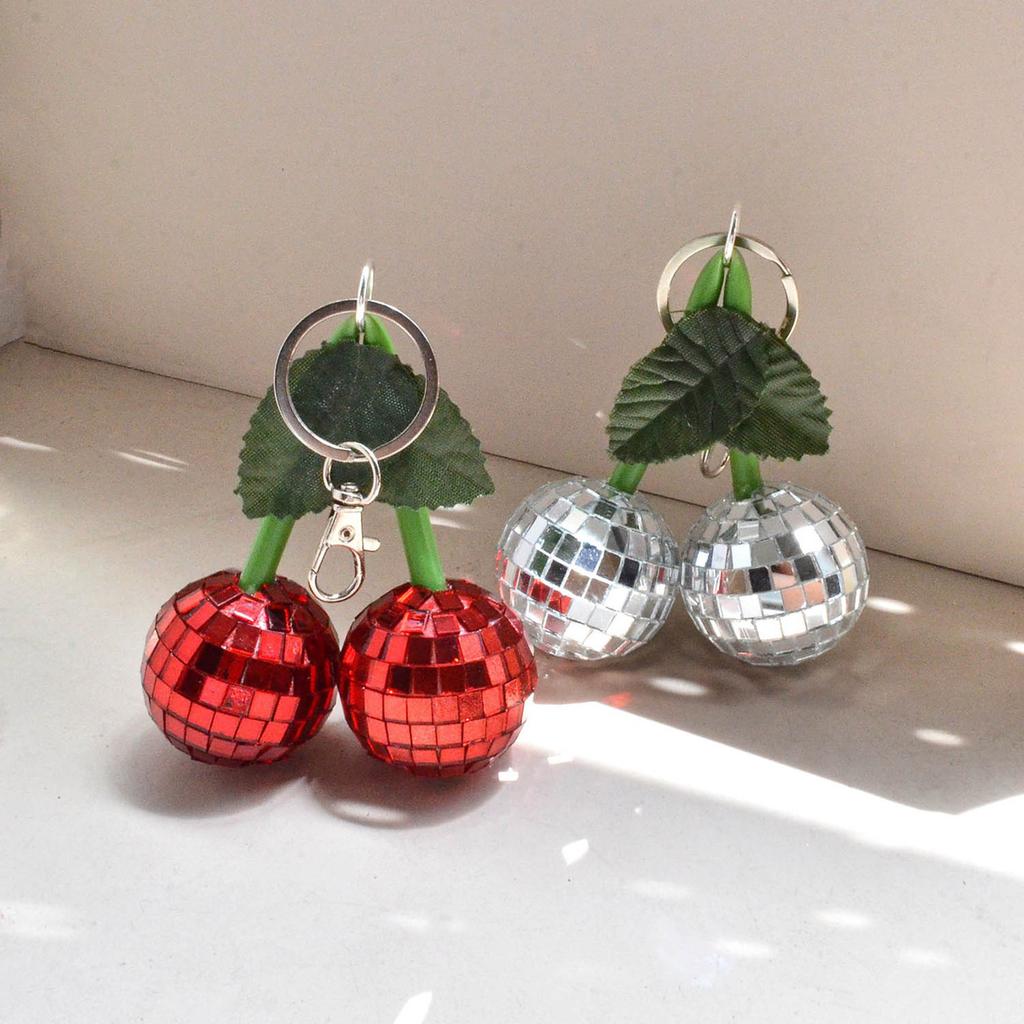 Sparkling Disco Cherry Mirror Pendant Keychain Bag Charm Glossy Retro Accessory For Keys Purse Decoration