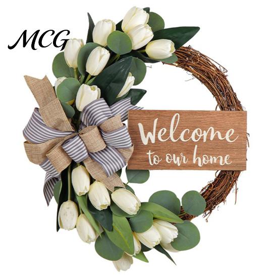 Artificial White Tulips 15 Inches Bowknot Wreath with Welcome Sign for Front Door, Green Fresh Floral Door Garland Leaf Wreath, Spring Summer Wreaths