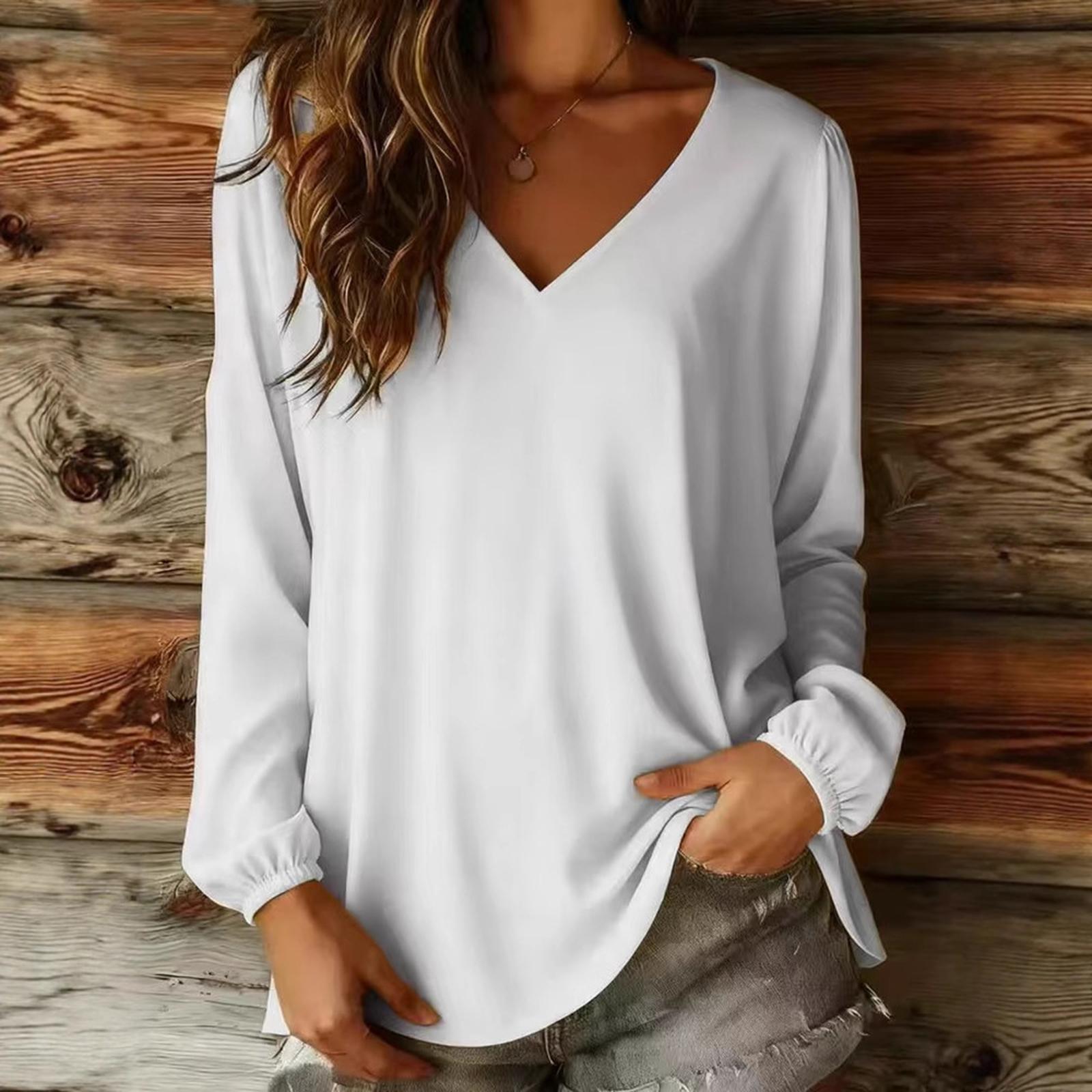 

Women s Fashionable Solid Color V Neck Long Sleeved Casual Pullover T-shirt Top XXL белый