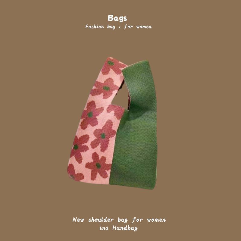 Ins Trendy Handbag Women'S Knitted Wool Bucket Bag Hand Carry Casual Tote Bag Box Lunch Bag