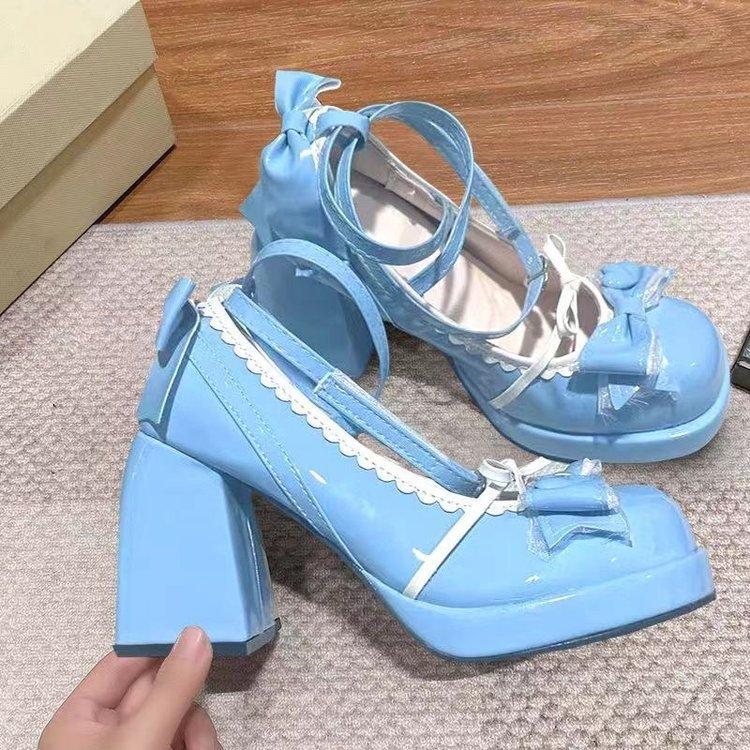 

Милые и симпатичные туфли на высоком каблуке, маленькие кожаные туфли 2025 года, японские туфли Мэри Джейн в стиле колледжа с бантом на толстой подошве для женщин 35 небесно-голубой
