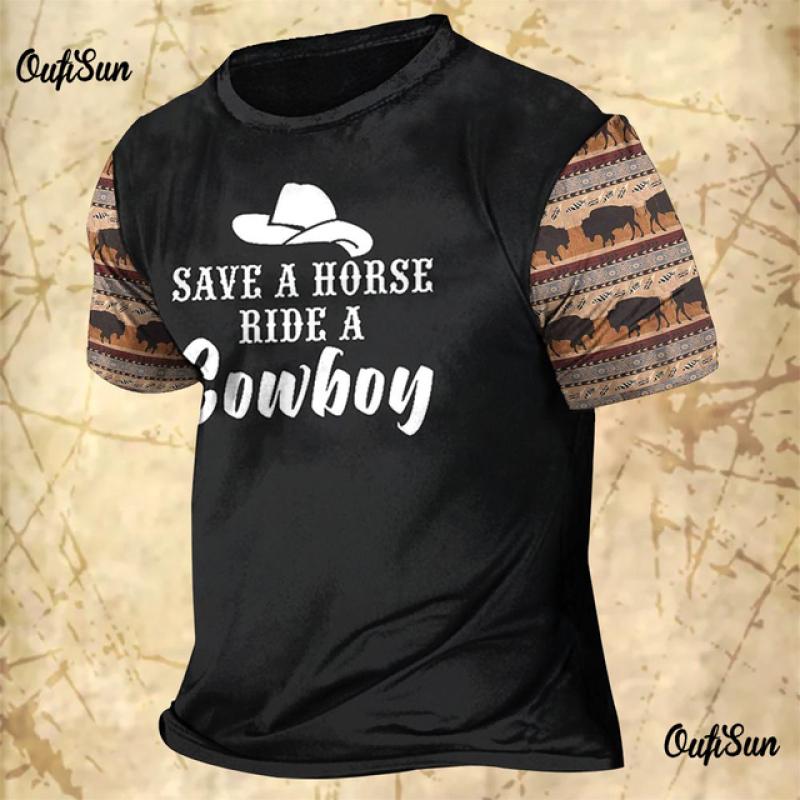 Men's Vintage T-shirts Cowboy Design Western America Tops 3D Printed O-Neck Oversized T-shirt Short Sleeve Streetwear