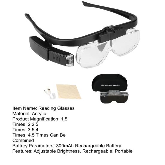 Reading Glasses Magnifying Glasses Different Times USB Powered with 2 Adjustable Brightness LED Light for Close Work Head Magnifier Glasses Jewelry