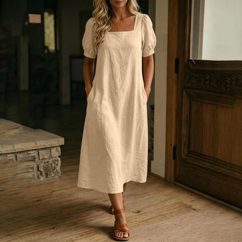 Women Casual Solid Color Square Neck Short Sleeve Linen Cotton Blend Midi Dress with Pockets Lightweight Summer Dress