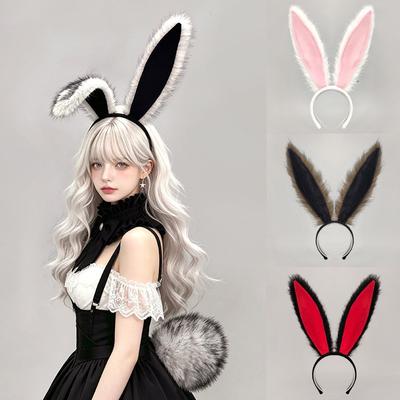 Fluffy Bunny Ear Headband Tail Set Halloween Costume Party Cosplay Y2K Sweet Punk Accessory