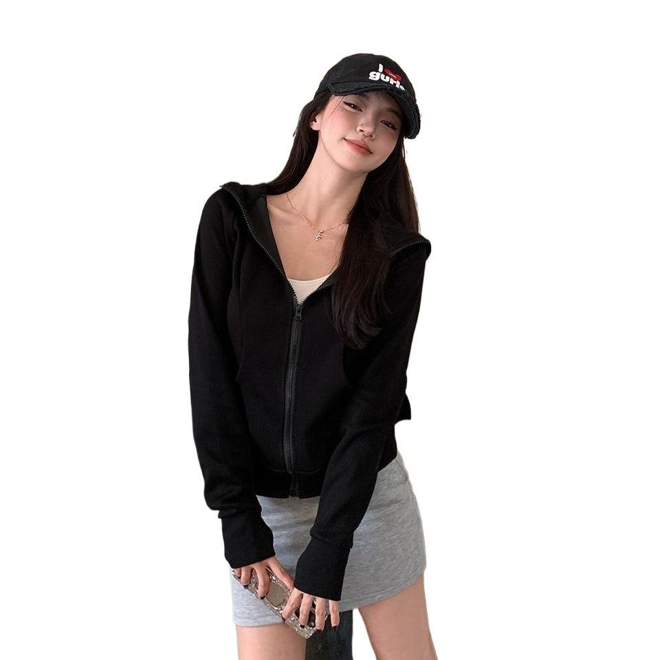 Grauer Kapuzen-Cardigan im koreanischen Stil für Damen, schmale Passform, lange Ärmel, tailliert, vielseitige Jacke