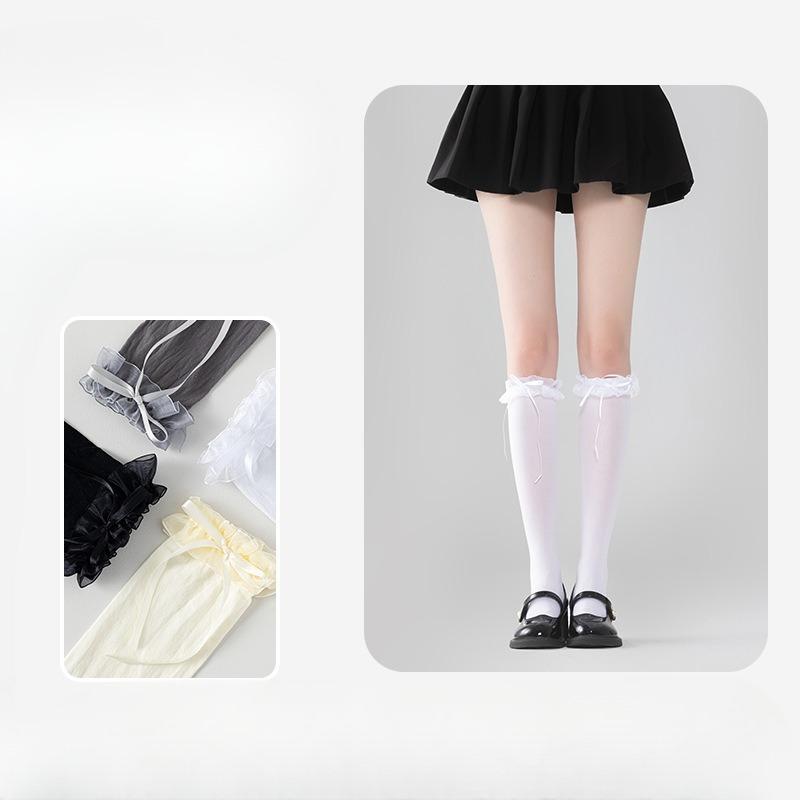 Thin Ballet-style Socks for Women, Bow Tie Leg Covers, Solid Color Pile Socks